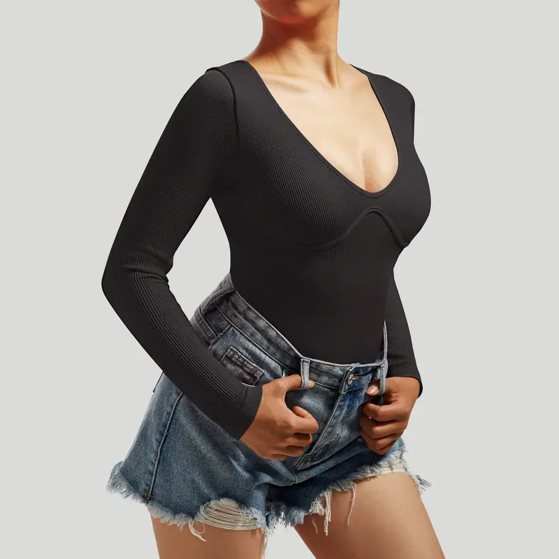 Mooslover Women Ribbed Sexy Long Sleeve Bodysuit 6