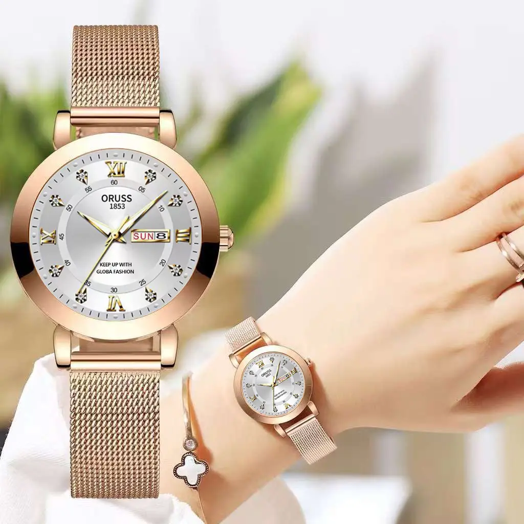 Womens Gold Analog Quartz Luminous Easy Reader Stretch Band Calendar Wrist Watch ORUSS Original Women Luxury Fashion Stainless Steel  main image 4