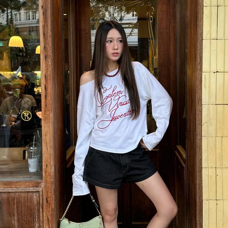  Calem Club - Áo trễ vai nữ Slant Cut Tee vải thun cotton form rộng áo lệch vai dài tay năng động 
