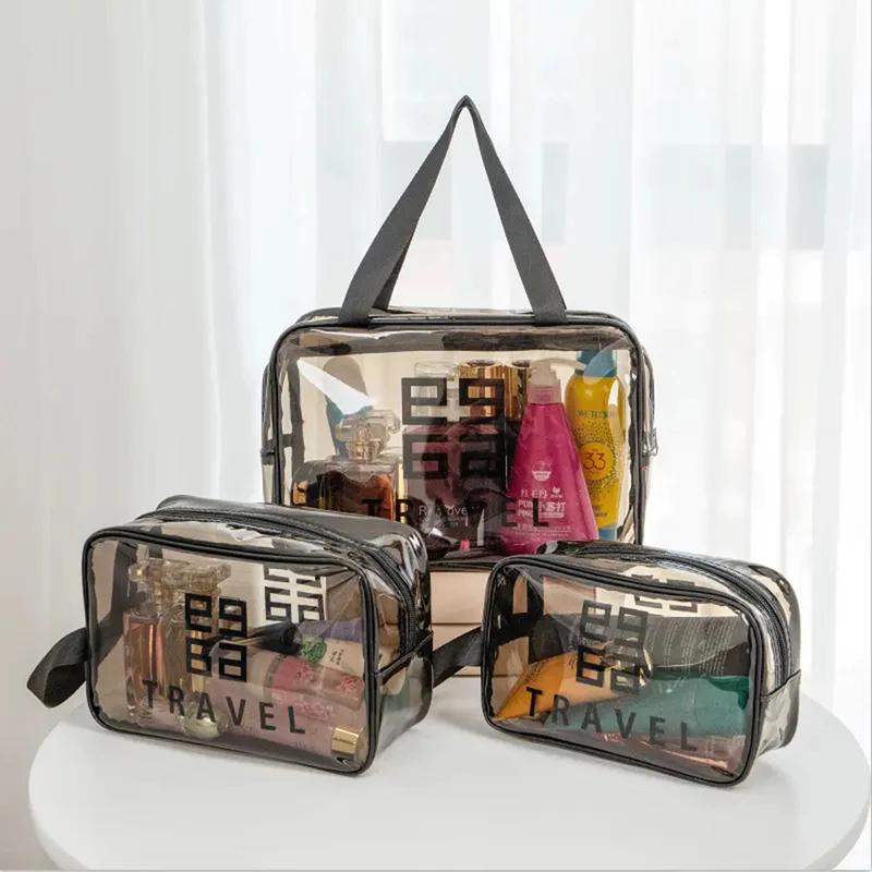 Set 3 Túi Đựng Mỹ Phẩm Trong Suốt Túi Đựng Đồ Trang Điểm Túi Du Lịch Trong Suốt Chống Thấm Nước Chất Liệu Nhựa PVC Dày Dặn Có Quai Sách Chắc Chắn Bag Travel