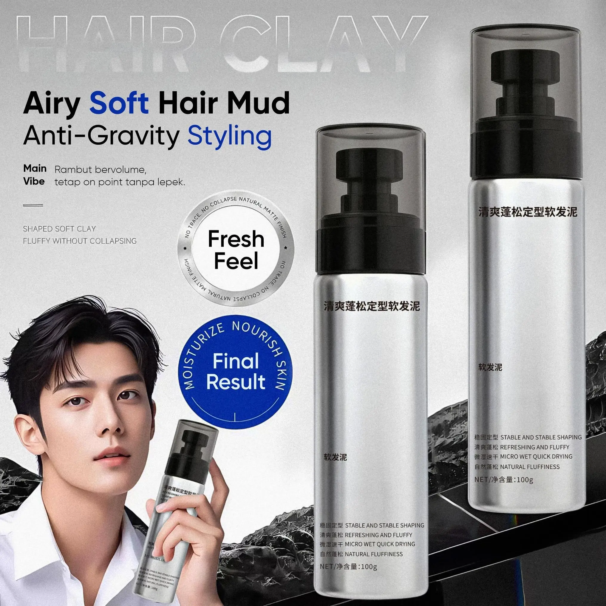 Hair Styling Clay Refreshing & Fluffy Soft 100g - Natural Volume & Strong Hold Styling Wax