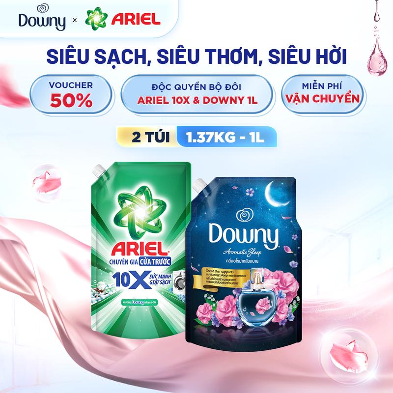 COMBO GIẶT XẢ Nước giặt siêu sạch Ariel 10X đậm đặc hương Downy nắng sớm thơm lâu cửa trên cửa trước 1.36kg- 1.48kg tặng nước xả vải Downy thư thái 1L