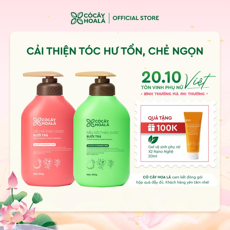 Combo Dầu Gội Xả Bưởi Trà 500g Cỏ Cây Hoa Lá, Hỗ Trợ Dưỡng Tóc Chắc Khỏe Mềm Mượt Tự Nhiên, Tặng Dung Dịch Vệ Sinh X2 Nano Nghệ 20ml