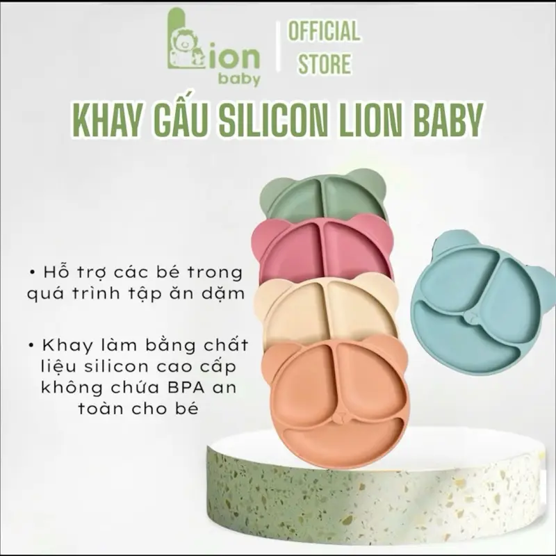 Khay ăn dặm silicon 3 ngăn đế hít chia ngăn chống lật hình gấu cho bé