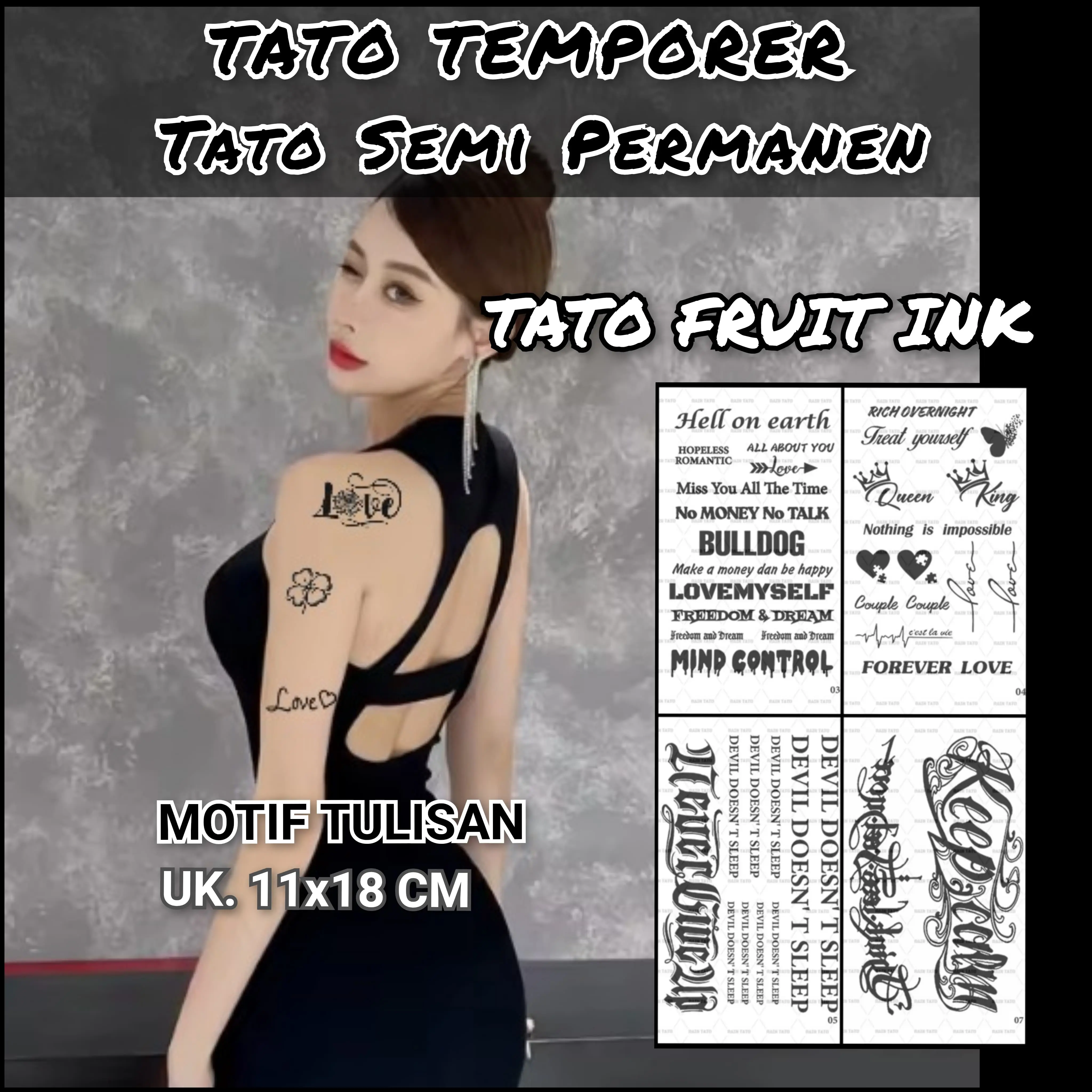 BERTATO- Stiker tato temporer anti air kode tulisan semi permanen / Stiker tato temporer semi permanen anti air tulisan kode / Seri Tulisan Temporary Tatto