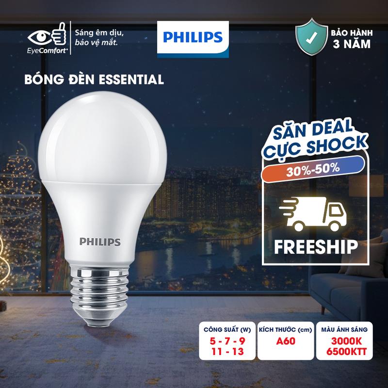 Bóng đèn LED PHILIPS tiết kiệm điện Essential E27 5W 7W 9W 11W 13W vàng trắng 01 bóng