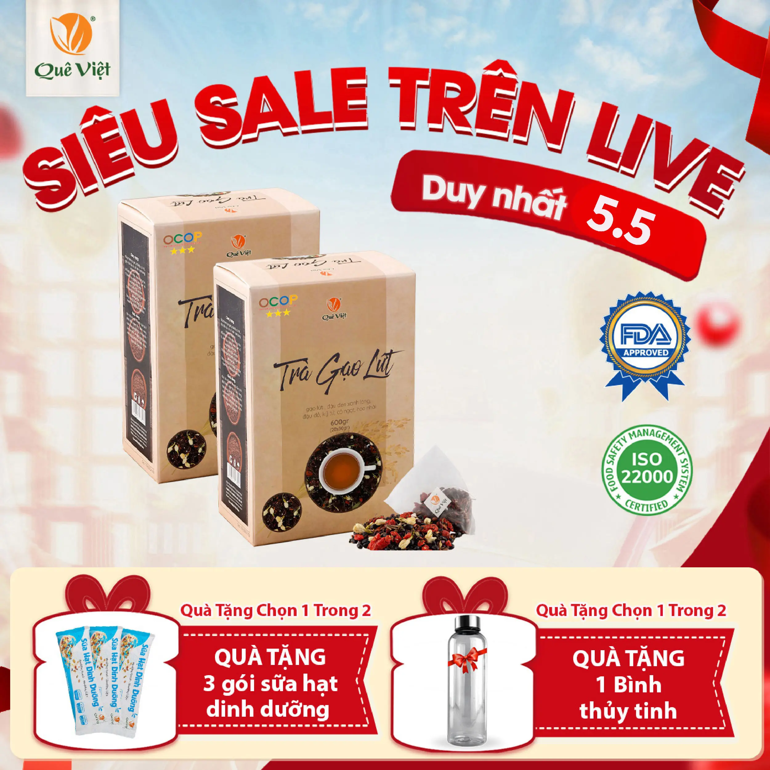 Combo 2 hộp Trà gạo lứt Quê Việt + quà tặng tùy chọn - Hộp 600g (20 túi lọc x 30g) Nước Trà Tea Chè