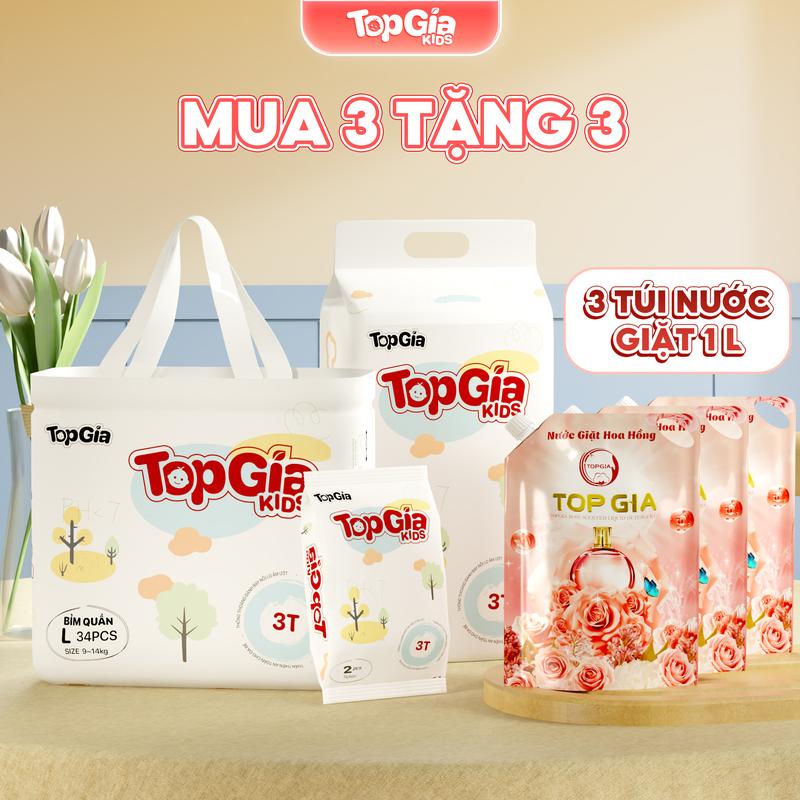 (MUA 3 TẶNG 3) 3 BỊCH BỈM TẶNG 3 TÚI NƯỚC GIẶT 1L HỒNG Tã/Bỉm cho bé, bỉm TopGiaKids pH < 7 ngừa hăm, đai chun đệm mây mềm mại co dãn 4 chiều, thấm hút bề mặt khô thoáng size S đến XXXL cho bé từ 4-20kg kem (bỉm) [BO]