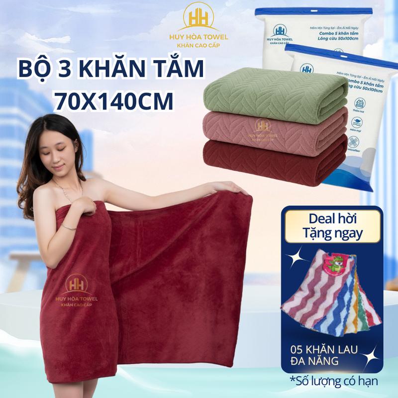 Combo 3 Khăn Tắm 70x140cm Lông Cừu Tặng 5 Khăn Đa Năng Huy Hoà Towel . Sợi Microfiber Mềm Mịn, Thấm Hút Nước, Không Ra Màu, Không Sổ Lông - Dùng Cho Nhà Tắm, Phòng Tắm
