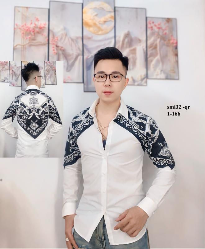 Áo sơ mi lụa nam không nhăn thiết kế. trắng phối cầu vai hoa văn 1-166