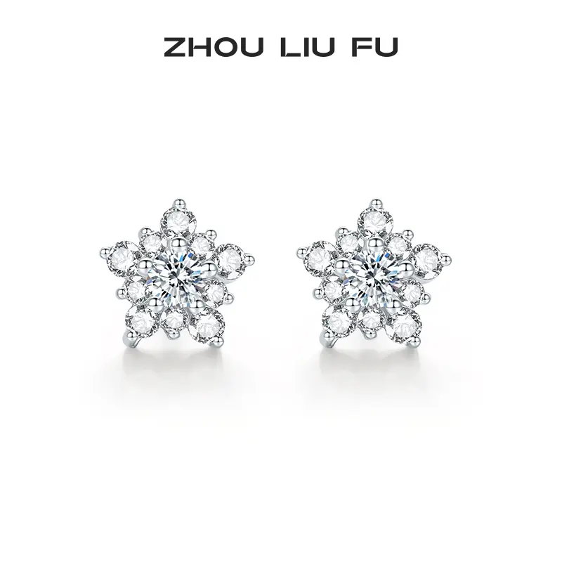 ZHOU LIU FU S925 Sterling Silver Cubic Zirconia Diamond Star Flower Stud Earring J0912821