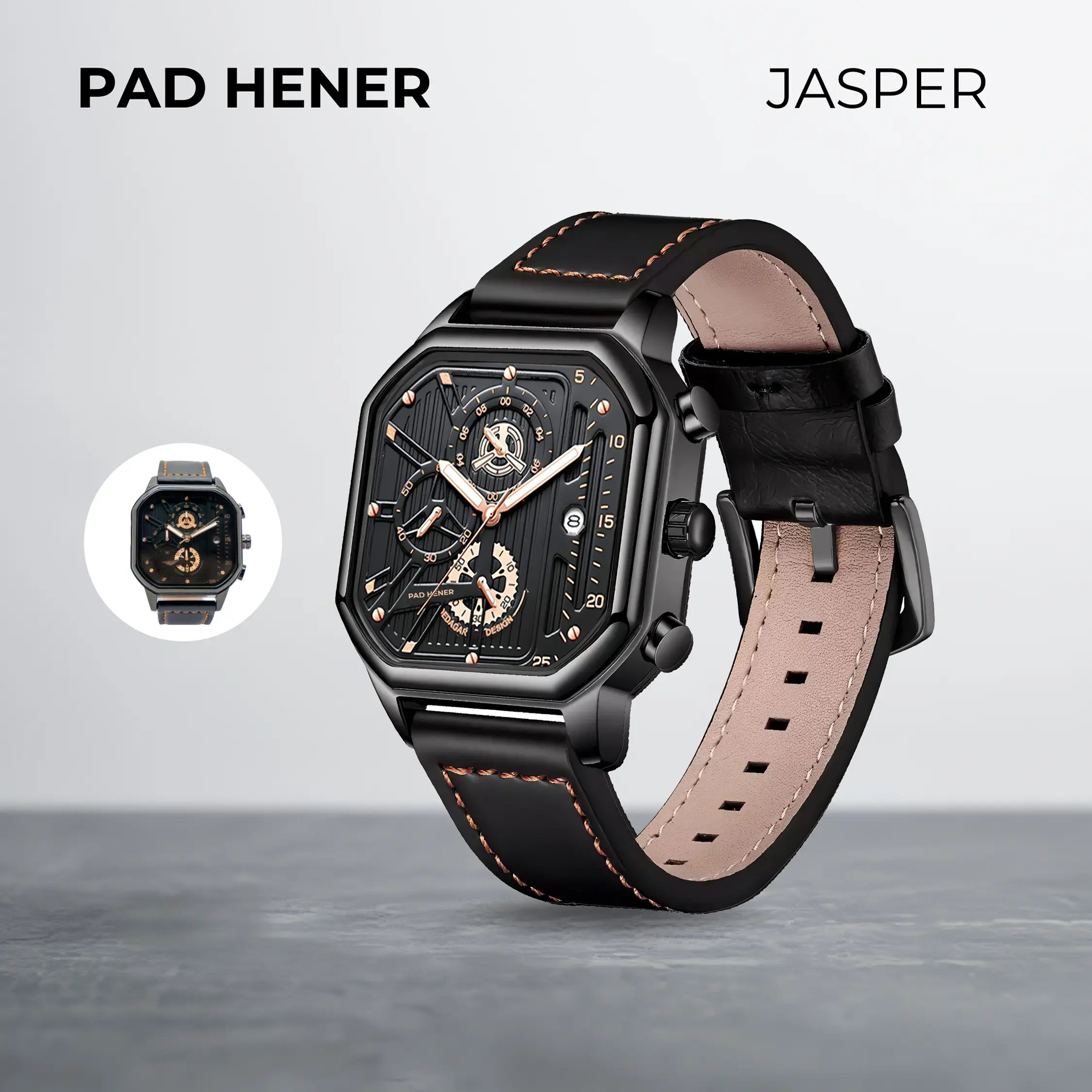 PAD HENER JASPER Jam Tangan Unisex Original Anti Air Kulit Keren Hitam Luxury Chronograph Quartz Calendar Klasik Luminuous Glow Jam Tangan Cowok Multifungsi COD + Kotak Eksklusif