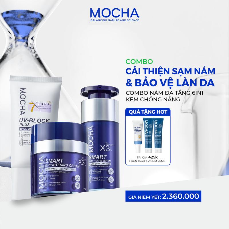  Combo Giảm Sạm Nám Mocha gồm: Kem Nám Mocha  + Tinh Chất Nám Mocha + Kem Chống Nắng Mocha SPF50 PA++++  Quà: 2 Sữa Rửa Mặt 25ml + 1 Kem Chống Nắng Mini 15ml  | Bộ Dưỡng Sáng Mờ Nám & Bảo Vệ Da Toàn Diện 