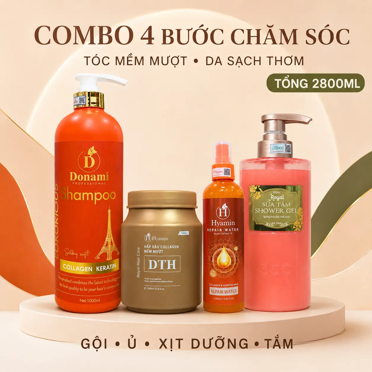 Combo Toàn Diện Dầu Gội Donami 1000ml Ủ Tóc Hyamin Sữa Tắm Bibee và Xịt Dưỡng Hyamin giúp tóc mềm mượt body thơm lâu