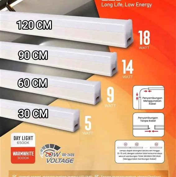 POTENS LAMPU BOHLAM T5 LED 5W 9W 14W 18 WATT 30CM 60CM 90CM 120CM CAHAYA WARM WHITE 3000K / PUTIH 6500K BERGARANSI 1 TAHUN