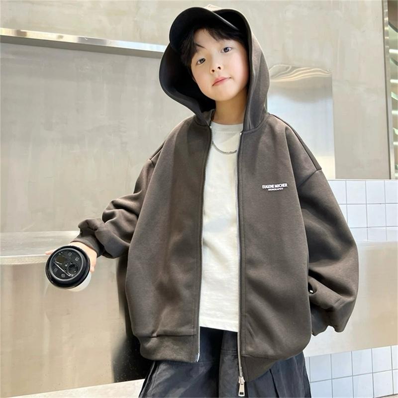   25-60KG  ÁO KHOÁC NỈ MŨ CÓ LÓT LÔNG DÀY ẤM CHO BÉ TRAI IN HOẠ TIẾT CHỮ ĐƠN GIẢN MÀU XÁM LÔNG CHUỘT 