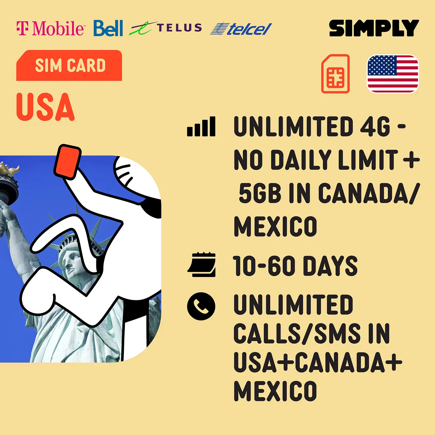[USA] T-Mobile 7-60 Days | Unlimited (4G) Data + 5GB Canada & Mexico | Local USA SIM Card | No Registration Required