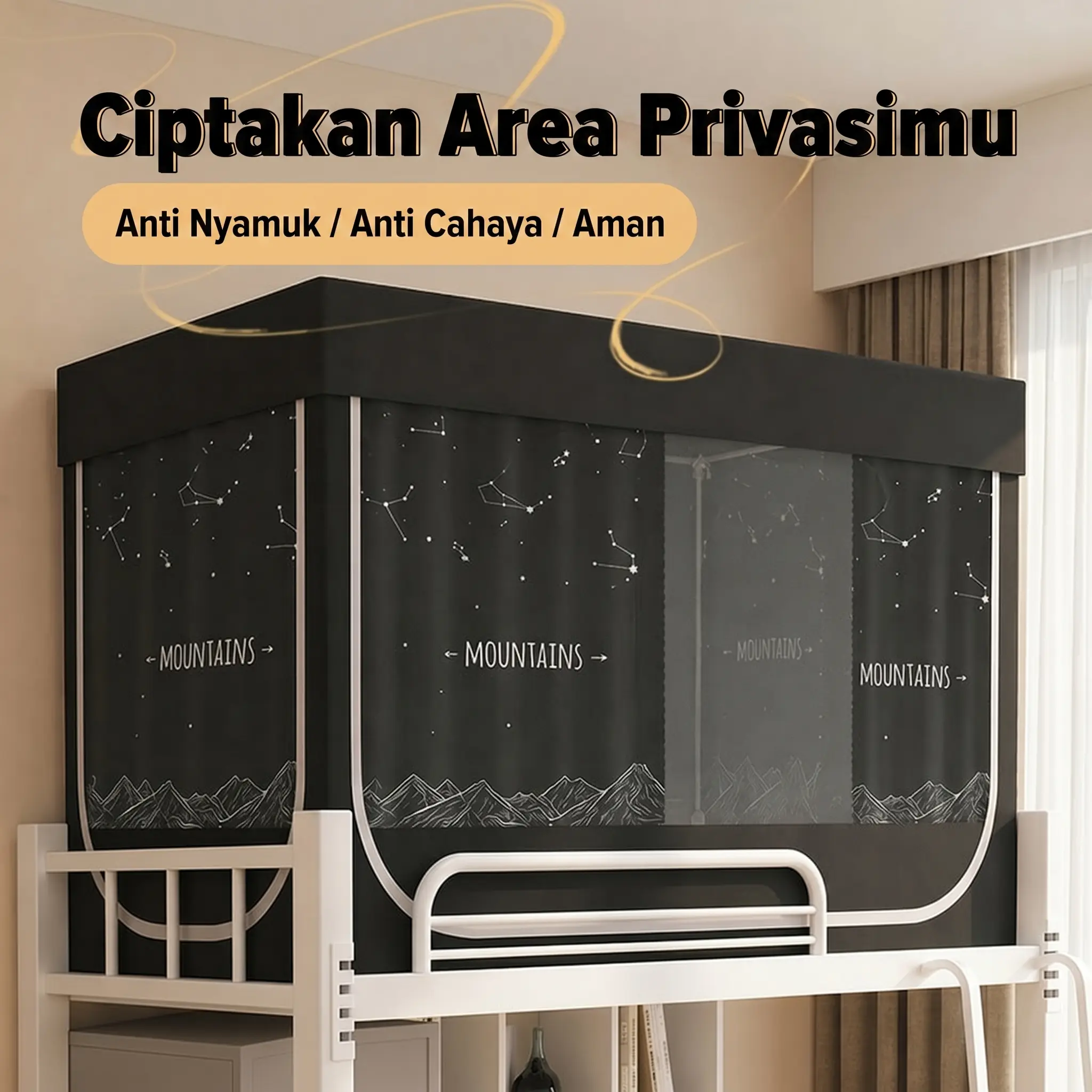 Kelambu Kasur Susun 90x190cm 3 Pintu + Tirai Privasi Anti Nyamuk Full Cover Ranjang Single Bed Bahan Stainless Steel