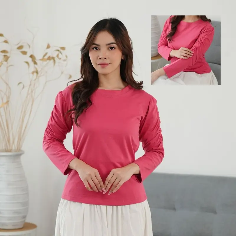 Atasan Wanita Kaos Lengan 7/8 Findri Top Kerut Samping Lengan Atas Feminine Style Cotton Combed Premium Size M L XL Basic Polos Elegant Casual Girly Outfit 2