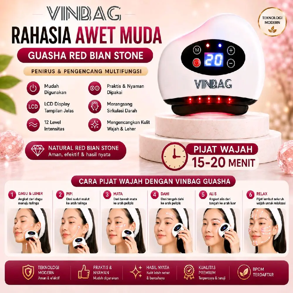 Vinbag Guasha Red Bian Stone 12 level– Alat Pijat Wajah Anti Aging, Angkat Wajah, Kencangkan wajah, Anti Keriput, Pengencang Kulit Mengurangi Kerutan, Melancarkan Peredaran Darah & Perawatan Wajah dirumah