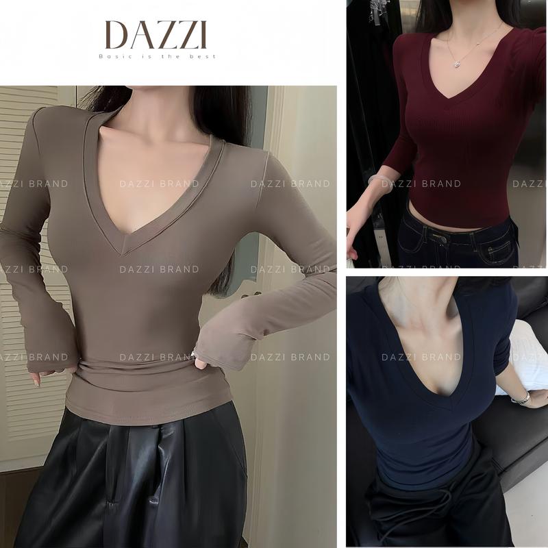  Áo thun trơn nữ cổ tim tay dài vải cotton lụa DAZZI form ôm tôn dáng Women A020D 