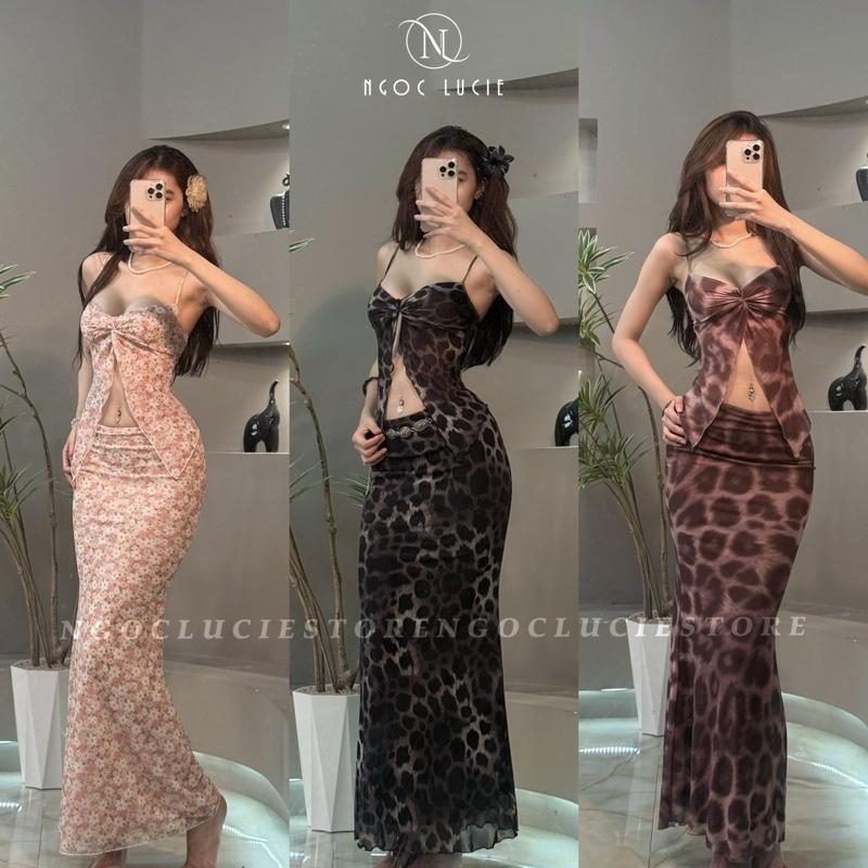 S346 - Set 2 Món Đi Biển Áo 2 Dây Vạt Xẻ + Chân Váy Đuôi Cá Vải Lưới Hoạ Tiết - Ngọc Lucie