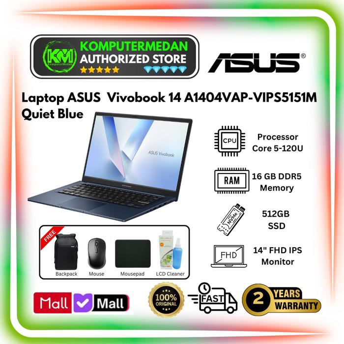 Gambar Laptop ASUS Vivobook 14 A1404VAP VIPS5151M 90NB13U1-M00AM0 Intel Core 5 120U RAM 16GB SSD 512GB 14″ inch FHD Win 11 Home + OHM 2024 + M365 Quiet Blue dari KomputerMedan OS Kota Medan Tokopedia
