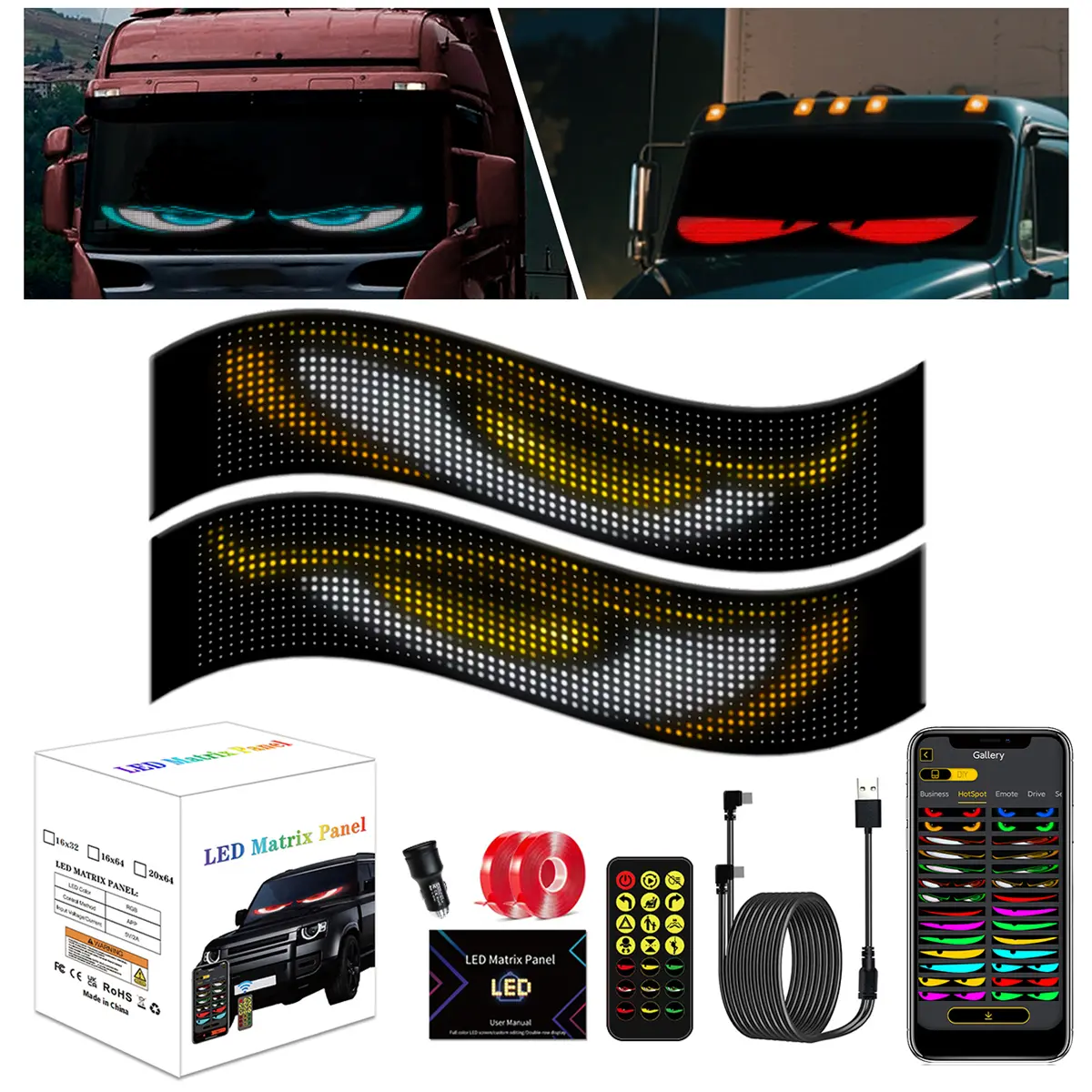 Gwein-2PCS LED layar lunak DEVIL EYES BESAR 74.8*18.4CM RGB Car Kendaraan -2pcs PU Layar iklan berwarna penuh untuk lampu mobil pintar