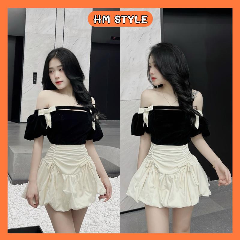 Sét váy áo nhung trễ vai tay bồng thêu nơ mix chân váy chun dáng bí phồng xinh mặc đi tiệc đi chơi HB613 Nữ Women Top
