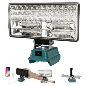8インチワイヤレスLEDワークライト、マキタ18Vバッテリー対応、調整可能なビーム、90W出力、5400ルーメン、USB充電ポート付きポータブルフラッシュライト
