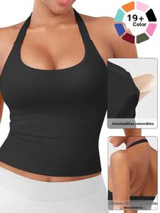 Camiseta deportiva de mujer con almohadilla removible, top casual de cuello halter con comodidad y durabilidad para yoga y gimnasio, ropa deportiva para damas para todas las estaciones