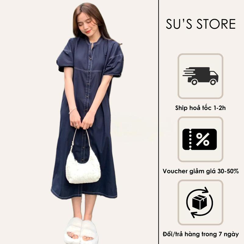 Váy Nữ Dáng Dài Tay Bồng Cúc Dọc Vải Thô Mềm – Váy Bigsize V829 Susstore Thời Trang Nữ