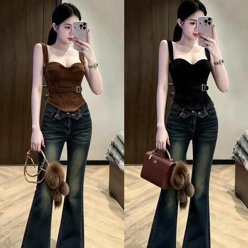 [ Có bán Lẻ ] Sét Bộ Áo Nữ 2 Dây Cup Ngực Sang Chảnh Chất Liệu Da Lộn mix quần Jean dài MS40