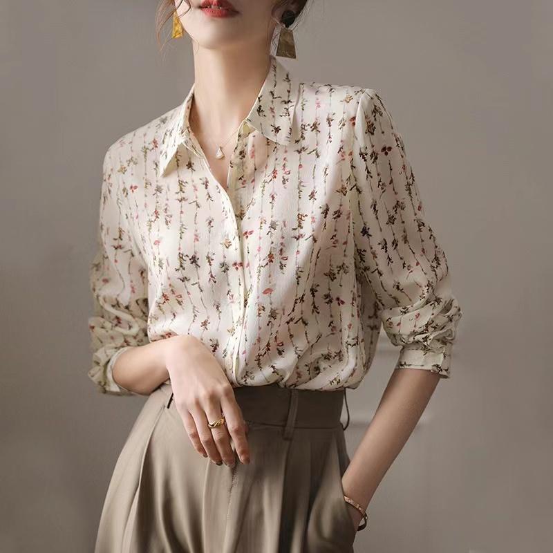 Áo Voan Dài Tay In Hoa, Dành Cho Nữ, Phong Cách Thường Ngày Mùa Hè, Dáng Rộng Vừa Vặn, Áo Cánh Có Ve Áo, Dễ Phối Đồ, Áo Cổ Điển Quần Áo Thời Trang, Hàng Mới Về