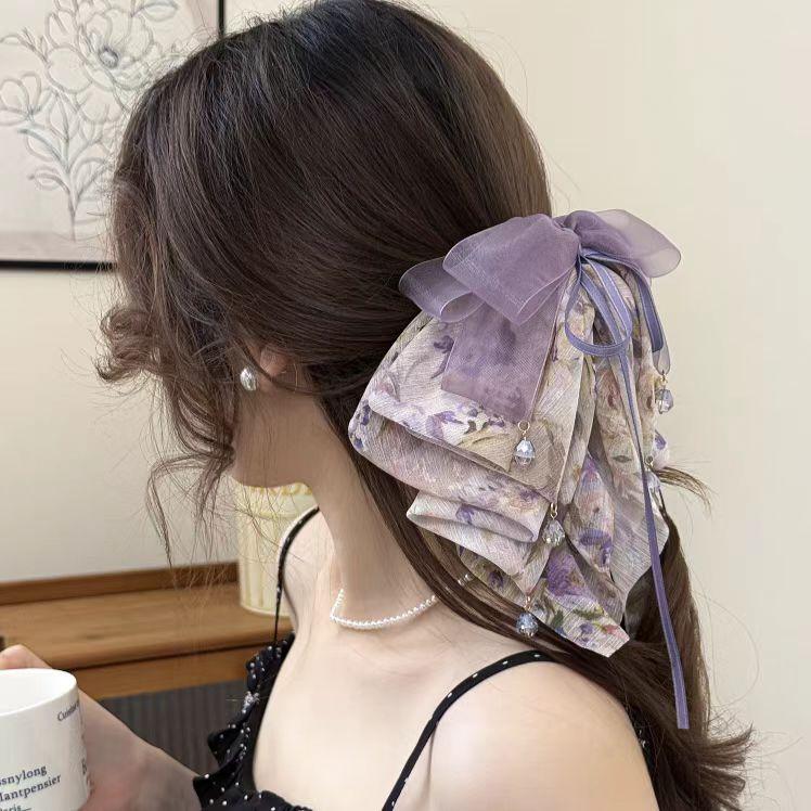 Kẹp Tóc Đuôi Ngựa Nơ Bướm Hoa Nhiều Lớp Siêu Thanh Lịch Kẹp Tay Cầm Voan Chảy Màu Tím Dễ Phối Đồ Và Thời Trang Kẹp Shark