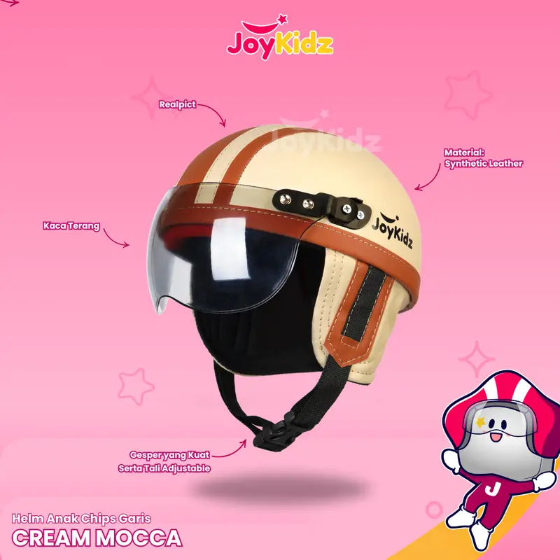 Helm Anak Retro Chips Untuk Usia 1-5 Tahun Polos Garis Cream Coklat Free Kaca SNI 5