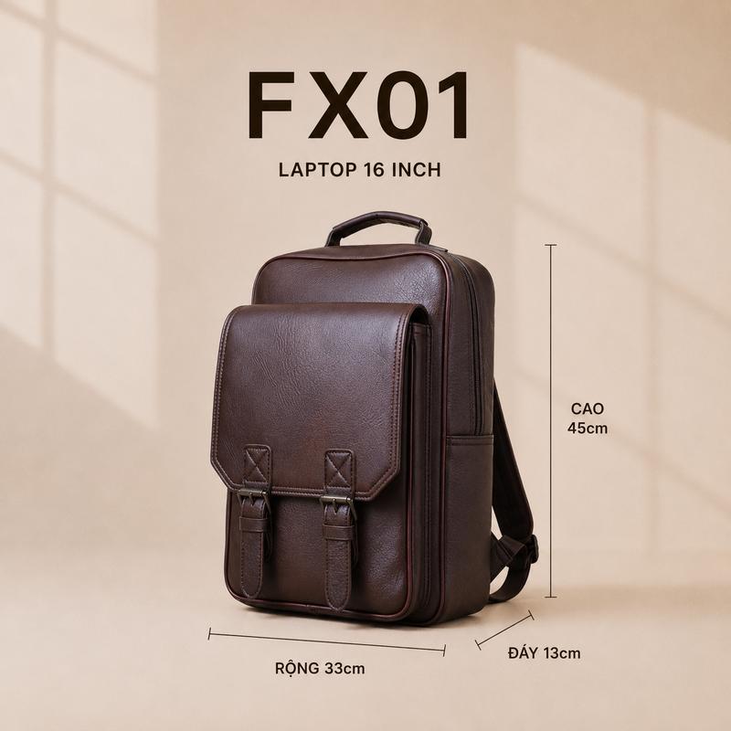 Balo Laptop Da PVC đi làm, đi học Bagfact FX01 Form Đứng Cao Cấp Chống Nước Đựng Laptop 16 Inch