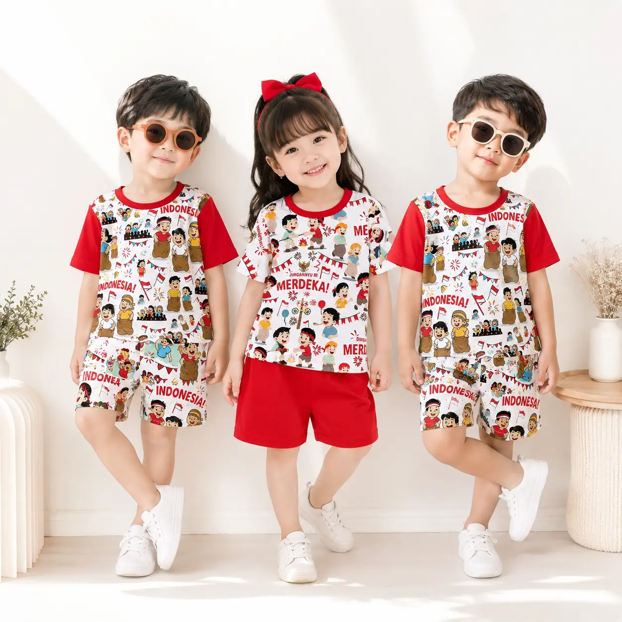 SETELAN ANAK AGUSTUSAN PRINTING COMBI MERAH