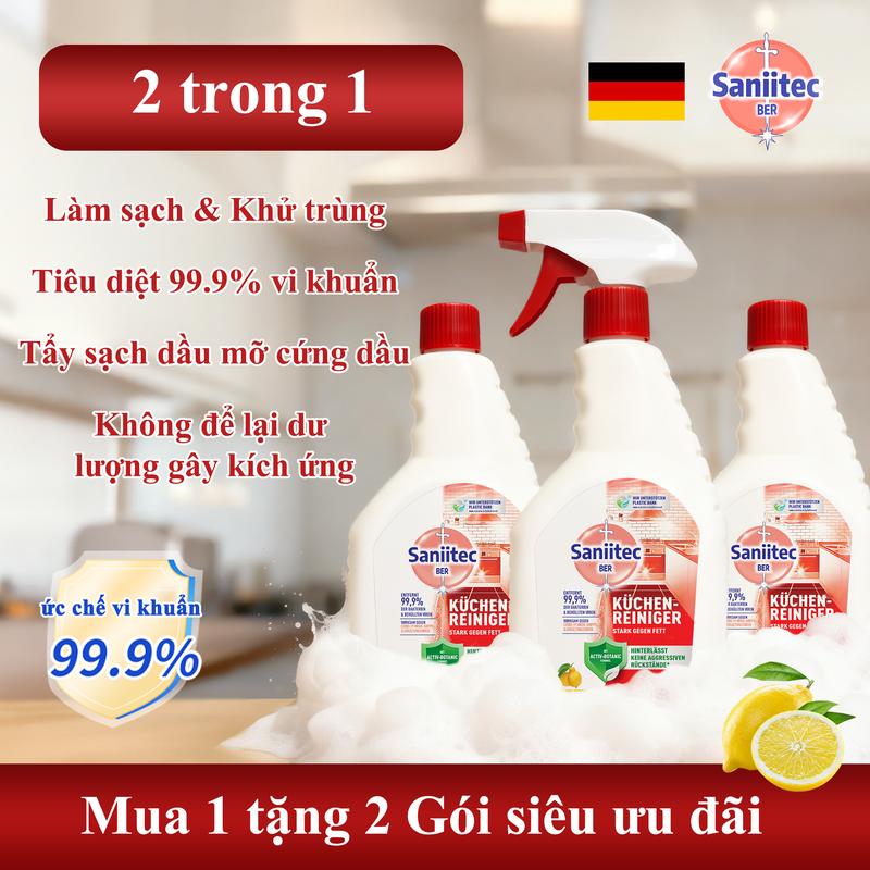 【MUA 1 TẶNG 2】 3 chai kèm 1 đầu xịt Nước Rửa Bếp Saniitec 500ml Diệt 99.9% Vi…