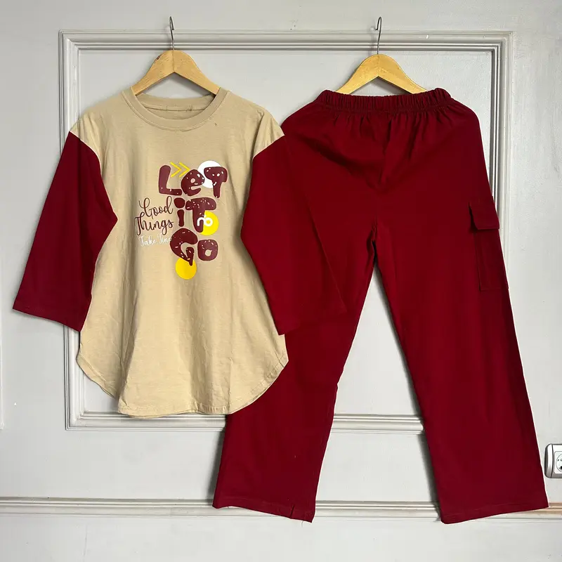 Setcel Kaos Dewasa combet set, Setelan CARGO WANITA , setcel wanita Combed kekinian Atasan Celana Karet pinggang Panjang Kulot 6