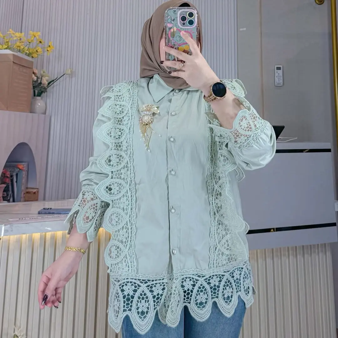 A85 kemeja bahan katun aksen renda