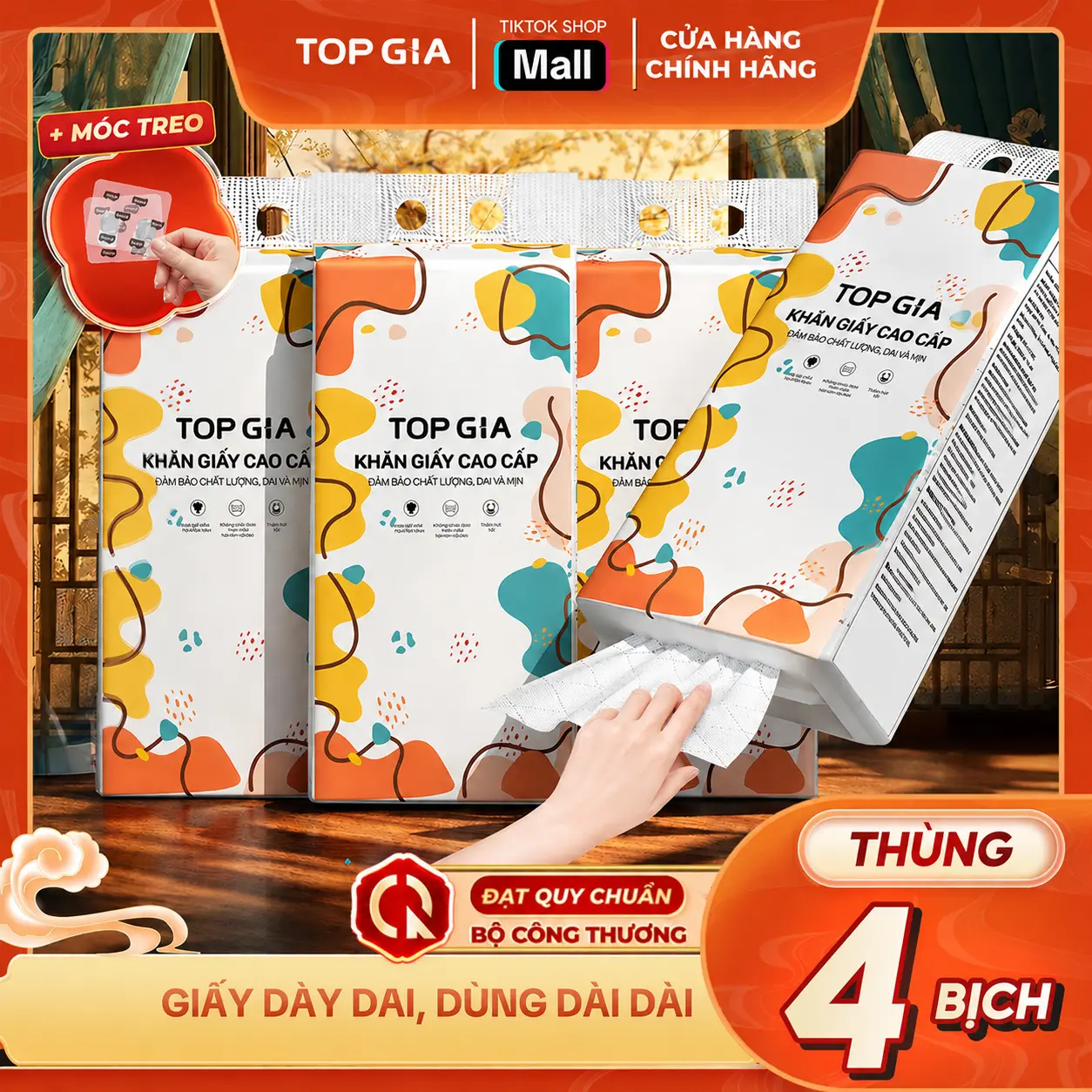 [GIẢM GIÁ SÂU] Thùng Khăn Giấy Đa Sắc Cỡ Đại 4 Bịch Treo Tường Tiện Lợi - An Toàn, Giấy Ăn TopGIa Bản Khổng Lồ Size XL, Đạt Quy Chuẩn Bộ Công Thương (RDS17)