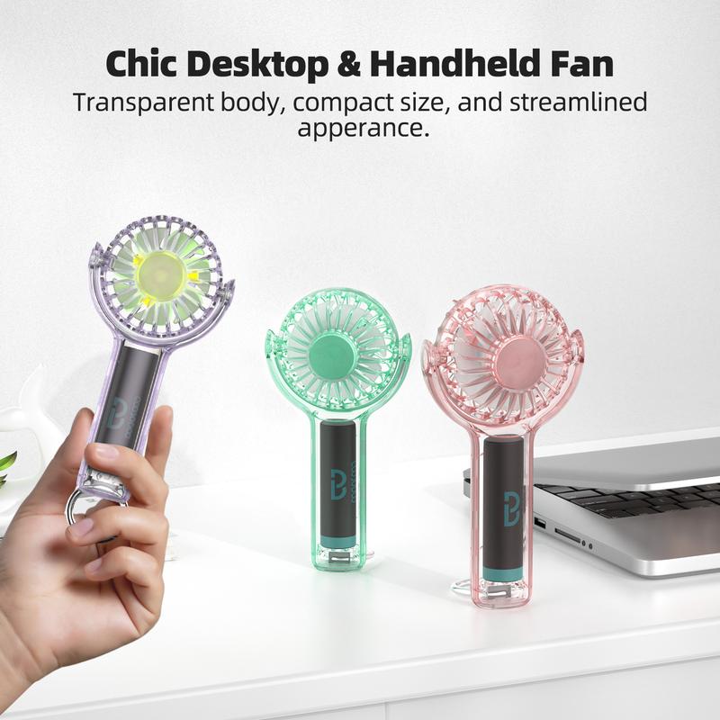 Product Introduction of GOOJODOQ 360° Rotation Transparent Mini Handheld Fan | 1200 mAH Battery | Ambient Light with 3 Speed Rechargeable Portable USB Mini Cooling Kipas Kecil | Green Purple White Pink | Suitable for Camping Bedroom Baby Classroom Kelas Kerja Office 11