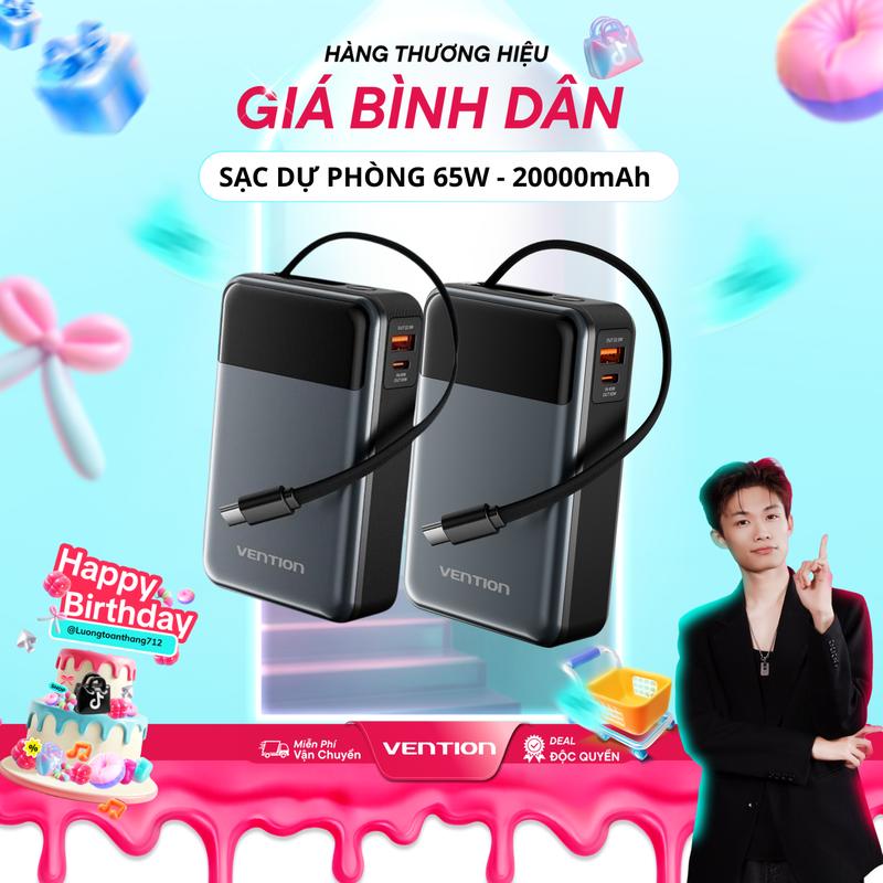   VENTION x Luongtoanthang712  Sạc Dự Phòng 20000mAh Vention Hỗ Trợ Sạc nhanh 65W Tích Hợp Cáp Sạc Type-C sạc nhanh PD ba chiều có màn hình hiển thị % pin dùng cho điện thoại máy tính bảng laptop 