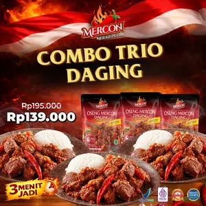 [Subsidi Extra] Mercon Merah Putih - Combo Bertiga  3 Pack Oseng Mercon Daging / Makanan Kaleng Siap Saji / Iga Mercon / Sambel Iga Food Instan Pedas