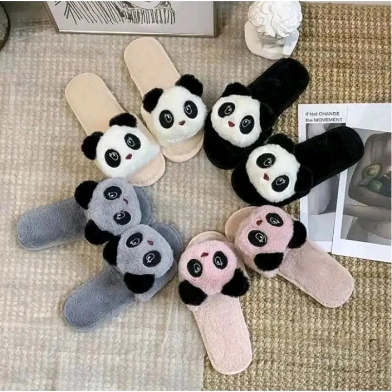 Sandal rumah kokop bulu Wanita boneka panda