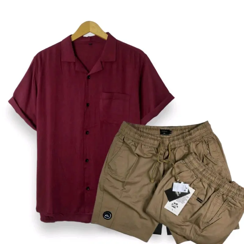 OneSet Pria Kemeja Polos Rayon Twill Celana Pendek Boardshort Premium Setelan Pria Casual 2
