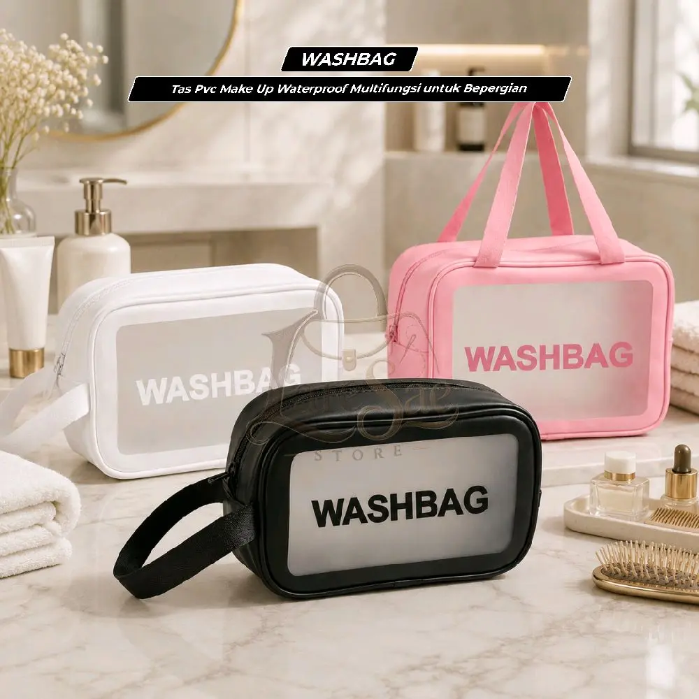 Washbag Hitam dengan Desain Transparan untuk Perlengkapan Mandi dan Kosmetik