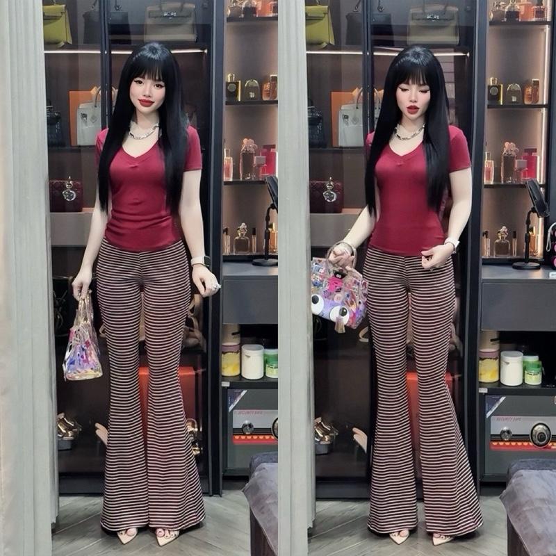 Set Cổ Tim Tay Cộc Chất Borip Thai Màu Dưa Cải Phối Quần Loe Sọc Ngang Đen Không Túi 40/60kg 5
