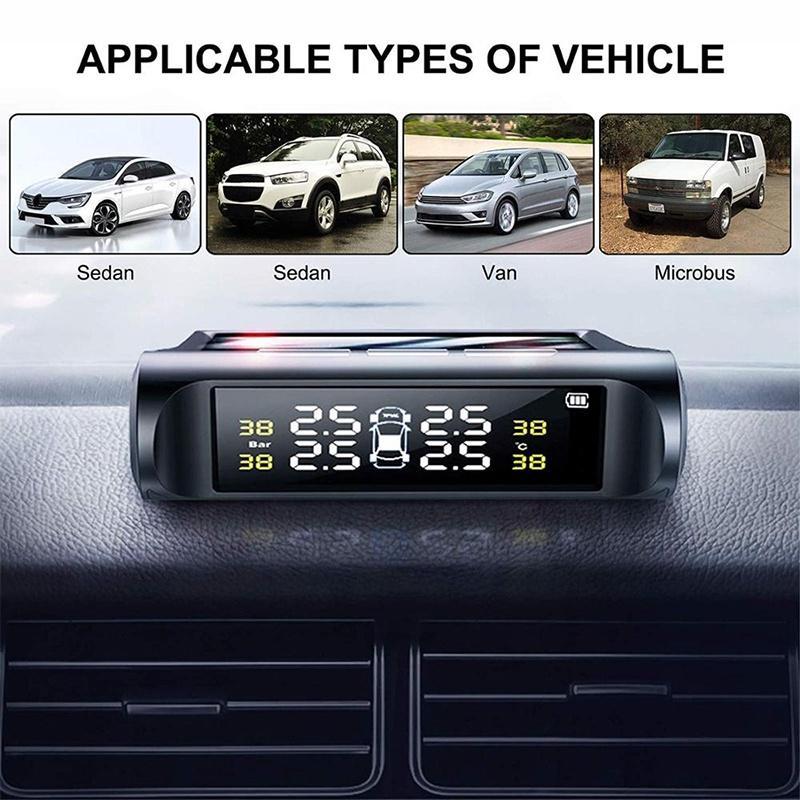 Product Introduction of Hệ thống giám sát áp suất lốp, TPMS Thông Dụng, với bảng điều khiển năng lượng mặt trời và sạc USB, xe thông minh, 4 cảm biến bên ngoài, màn hình LCD thời gian thực 4